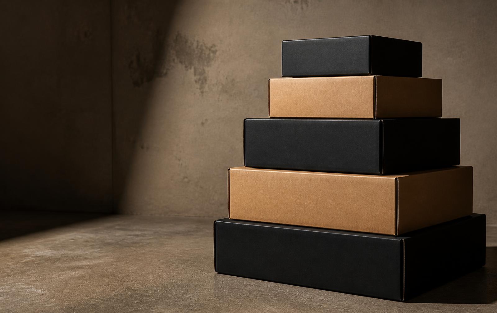 Stack of kraft and matte black custom boxes